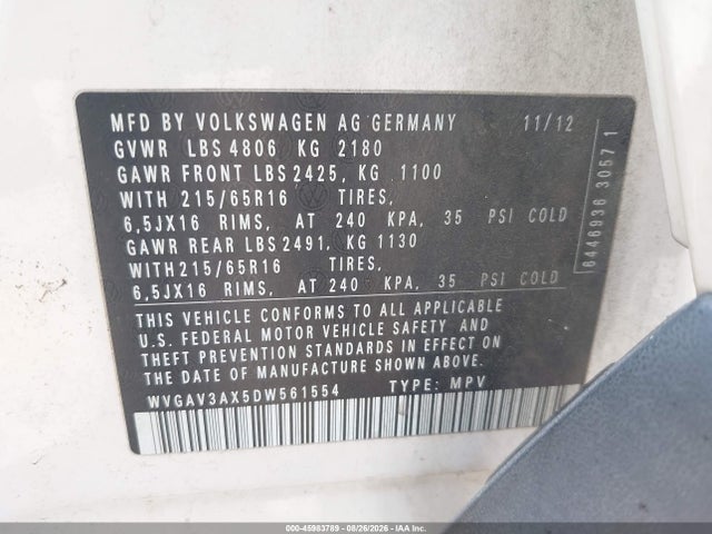 Aukcja sprzedaży 2013 Volkswagen Tiguan S, vin: WVGAV3AX5DW561554, numer aukcji: 45983789