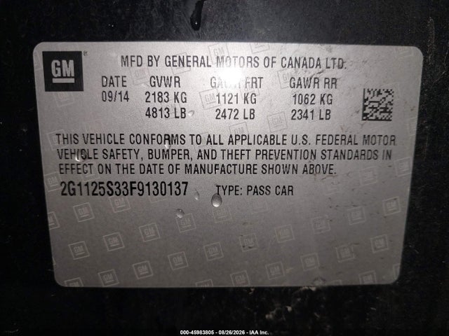 45983805 :رقم المزاد ، 2G1125S33F9130137 vin ، 2015 Chevrolet Impala 2lt مزاد بيع