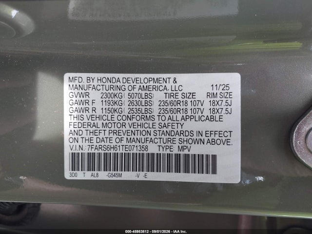 Продаж на аукціоні авто 2026 Honda Cr-v Hybrid Awd Trailsport, vin: 7FARS6H61TE071358, номер лоту: 45983812