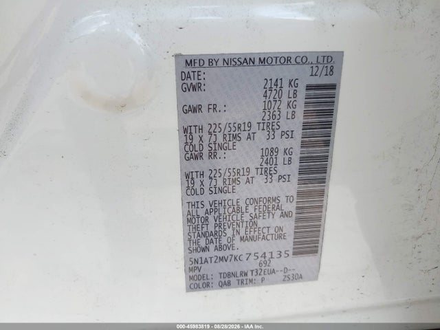 2019 Nissan Rogue Sl მანქანა იყიდება აუქციონზე, vin: 5N1AT2MV7KC754135, აუქციონის ნომერი: 45983819