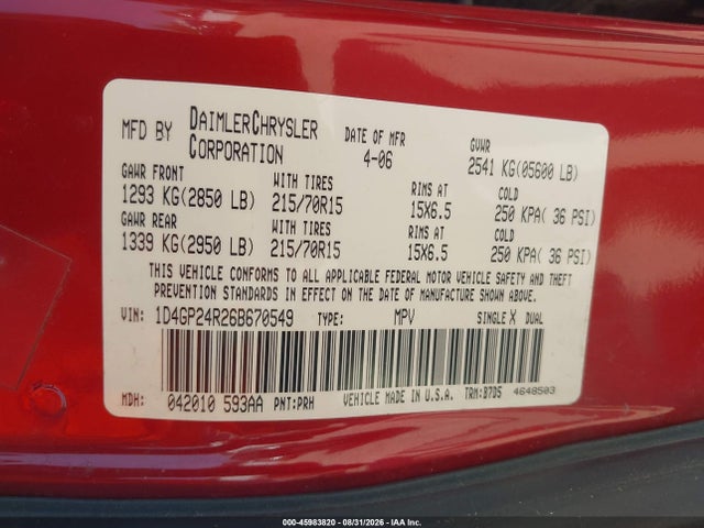45983820 :رقم المزاد ، 1D4GP24R26B670549 vin ، 2006 Dodge Grand Caravan Se مزاد بيع