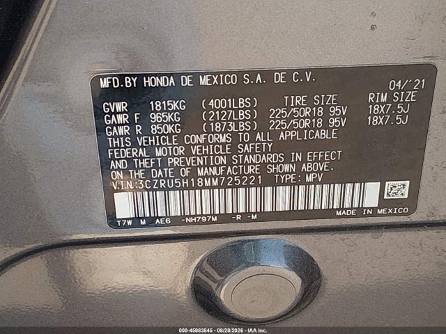 Aukcja sprzedaży 2021 Honda Hr-v 2wd Sport, vin: 3CZRU5H18MM725221, numer aukcji: 45983845