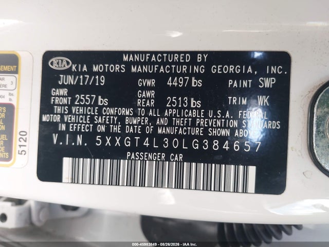 45983849 :رقم المزاد ، 5XXGT4L30LG384657 vin ، 2020 Kia Optima Lx مزاد بيع
