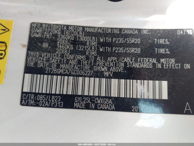 Aukcja sprzedaży 2016 Lexus Rx 450h, vin: 2T2BGMCA7GC006227, numer aukcji: 45983855
