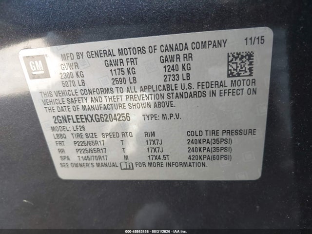 45983856 :رقم المزاد ، 2GNFLEEKXG6204256 vin ، 2016 Chevrolet Equinox Ls مزاد بيع