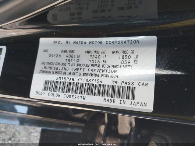 2026 Mazda Mazda3 2.5 S Select Sport მანქანა იყიდება აუქციონზე, vin: JM1BPABLXT1887154, აუქციონის ნომერი: 45983869