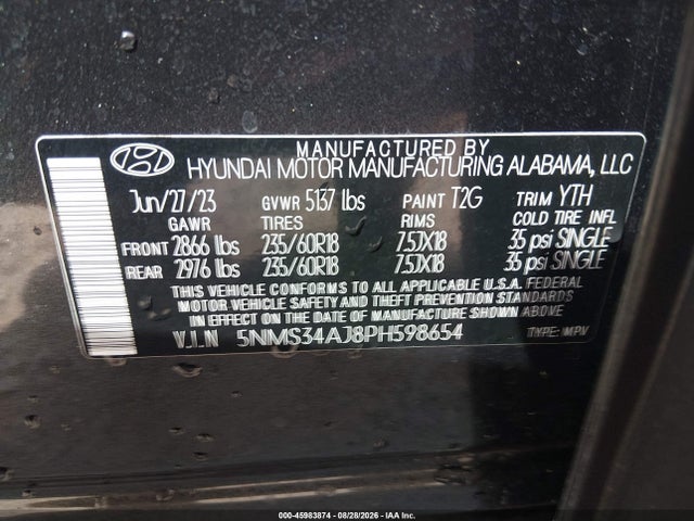 45983874 :رقم المزاد ، 5NMS34AJ8PH598654 vin ، 2023 Hyundai Santa Fe Sel مزاد بيع