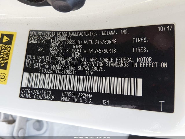 2018 Toyota Highlander Xle მანქანა იყიდება აუქციონზე, vin: 5TDJZRFH1JS490944, აუქციონის ნომერი: 45983885