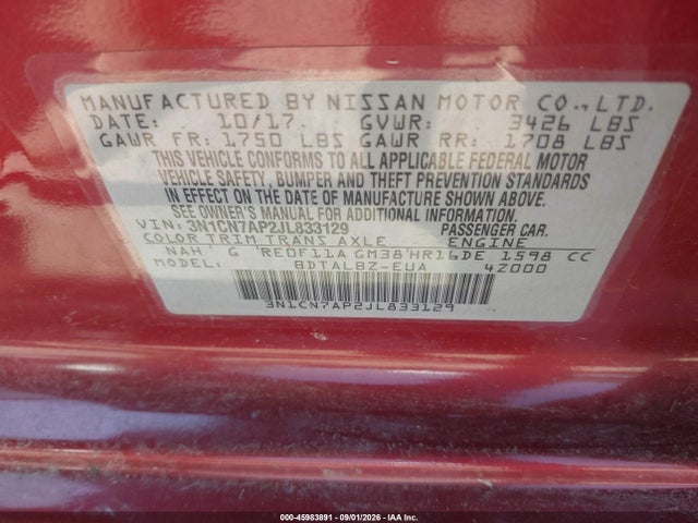 2018 Nissan Versa 1.6 Sv მანქანა იყიდება აუქციონზე, vin: 3N1CN7AP2JL833129, აუქციონის ნომერი: 45983891