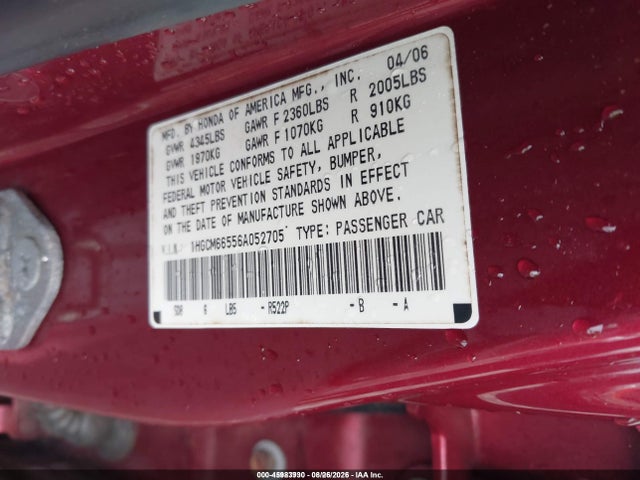 45983930 :رقم المزاد ، 1HGCM66556A052705 vin ، 2006 Honda Accord 3.0 Ex مزاد بيع