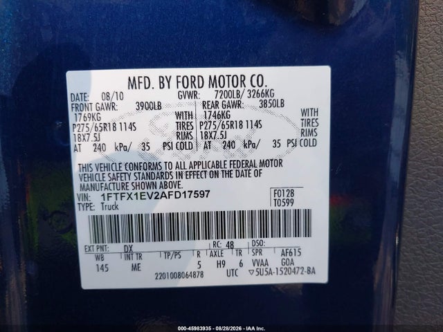Продаж на аукціоні авто 2010 Ford F-150 Xlt, vin: 1FTFX1EV2AFD17597, номер лоту: 45983935
