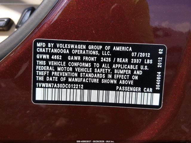 45983937 :رقم المزاد ، 1VWBN7A30DC012212 vin ، 2013 Volkswagen Passat 2.0l Tdi Se مزاد بيع
