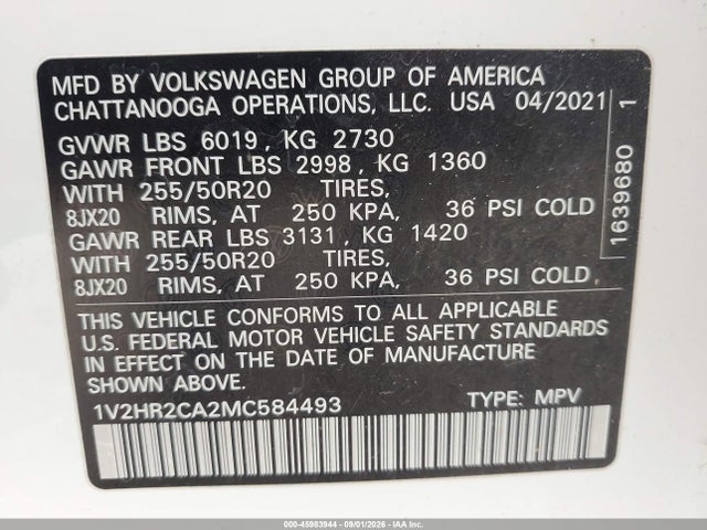 Продаж на аукціоні авто 2021 Volkswagen Atlas 3.6l V6 Se W/technology, vin: 1V2HR2CA2MC584493, номер лоту: 45983944