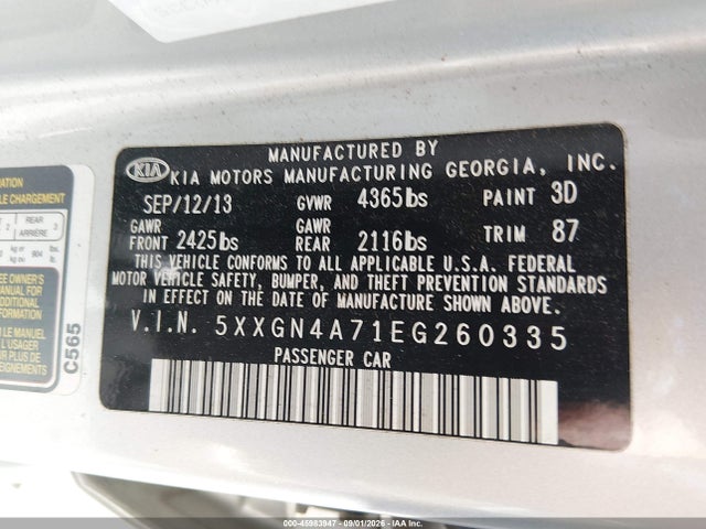Продажа на аукционе авто 2014 Kia Optima Ex, vin: 5XXGN4A71EG260335, номер лота: 45983947