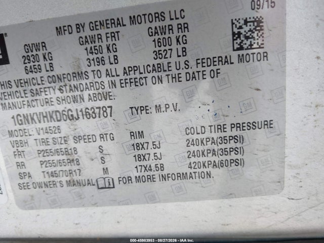 45983953 :رقم المزاد ، 1GNKVHKD6GJ163787 vin ، 2016 Chevrolet Traverse Lt مزاد بيع