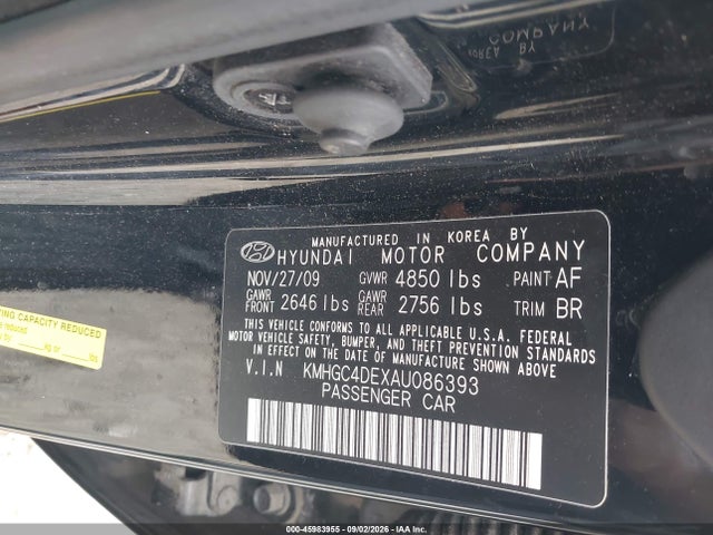 Aukcja sprzedaży 2010 Hyundai Genesis 3.8, vin: KMHGC4DEXAU086393, numer aukcji: 45983955