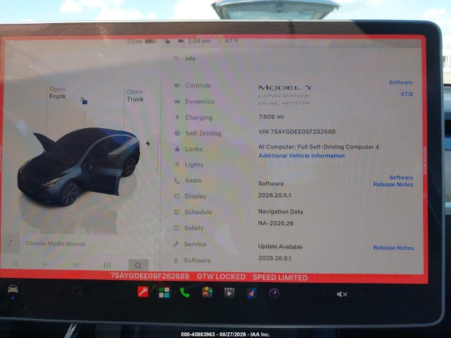 Aukcja sprzedaży 2025 Tesla Model Y Long Range Dual Motor All-wheel Drive, vin: 7SAYGDEE0SF282688, numer aukcji: 45983963