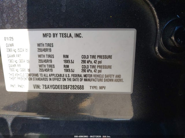 Aukcja sprzedaży 2025 Tesla Model Y Long Range Dual Motor All-wheel Drive, vin: 7SAYGDEE0SF282688, numer aukcji: 45983963