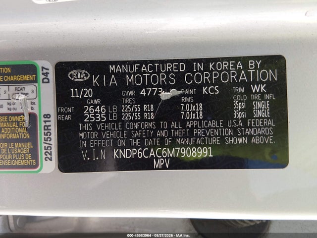 Aukcja sprzedaży 2021 Kia Sportage S, vin: KNDP6CAC6M7908991, numer aukcji: 45983964