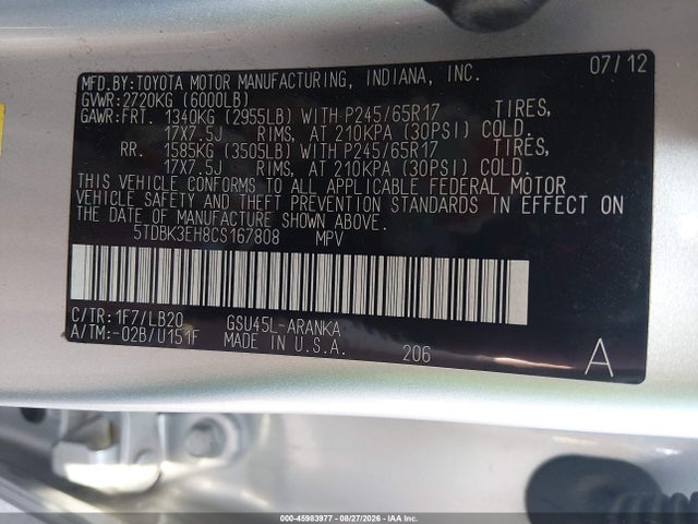 Продажа на аукционе авто 2012 Toyota Highlander Se V6, vin: 5TDBK3EH8CS167808, номер лота: 45983977