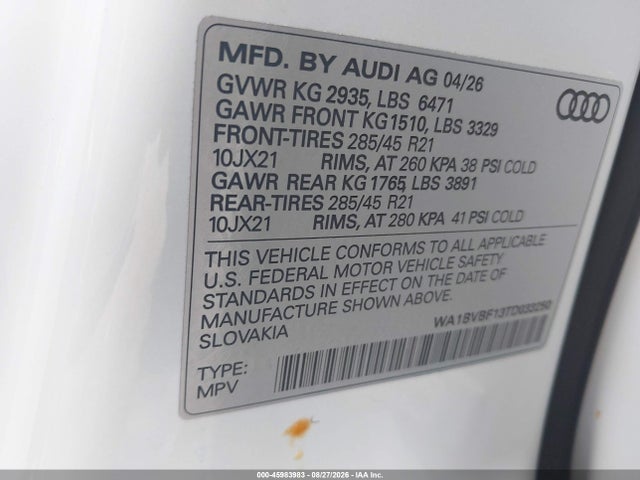 Aukcja sprzedaży 2026 Audi Q8 Premium Plus 55 Tfsi Quattro Tiptronic, vin: WA1BVBF13TD033250, numer aukcji: 45983983