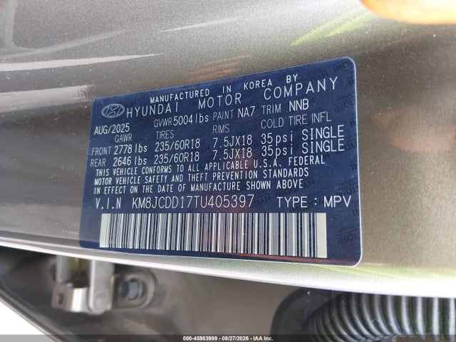 45983999 :رقم المزاد ، KM8JCDD17TU405397 vin ، 2026 Hyundai Tucson Hybrid Sel Convenience مزاد بيع