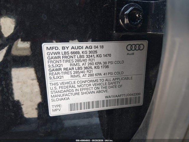 Aukcja sprzedaży 2018 Audi Q7 3.0t Premium, vin: WA1VAAF77JD042330, numer aukcji: 45984003