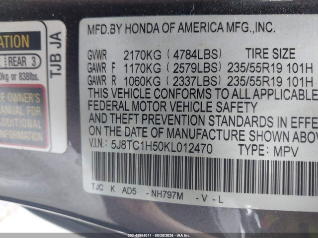 45984011 :رقم المزاد ، 5J8TC1H50KL012470 vin ، 2019 Acura Rdx Technology Package مزاد بيع