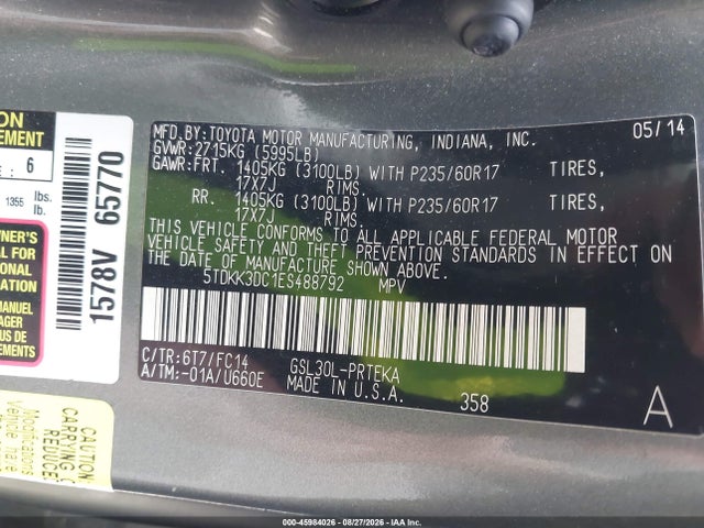 Aukcja sprzedaży 2014 Toyota Sienna Le V6 8 Passenger, vin: 5TDKK3DC1ES488792, numer aukcji: 45984026