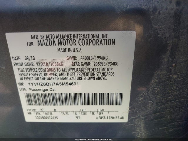 45984036 :رقم المزاد ، 1YVHZ8BH7A5M54691 vin ، 2010 Mazda Mazda6 I Sport مزاد بيع