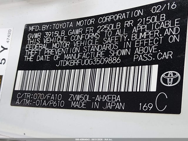 45984043 :رقم المزاد ، JTDKBRFU0G3509886 vin ، 2016 Toyota Prius Two مزاد بيع