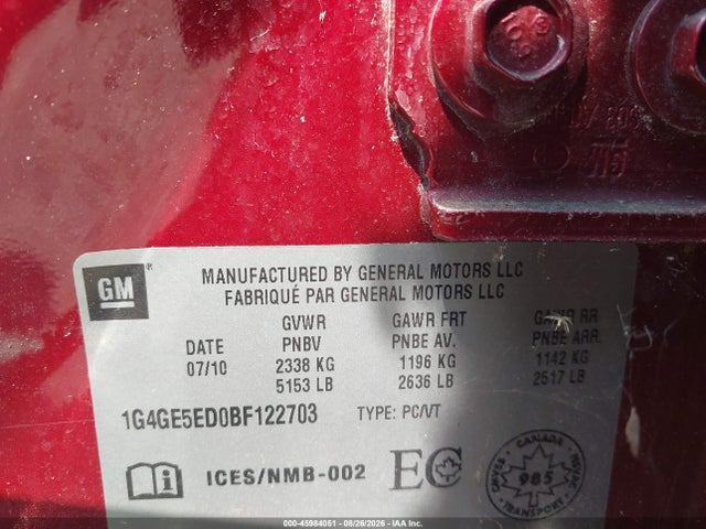 2011 Buick Lacrosse Cxs მანქანა იყიდება აუქციონზე, vin: 1G4GE5ED0BF122703, აუქციონის ნომერი: 45984051