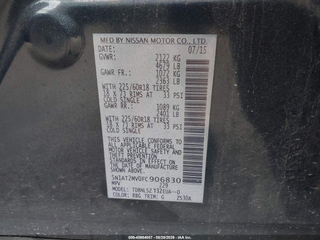 Aukcja sprzedaży 2015 Nissan Rogue Sl, vin: 5N1AT2MV0FC906830, numer aukcji: 45984057