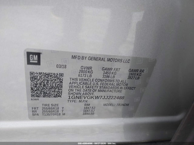 1GNEVGKW7JJ222488 Chevrolet Traverse 1lt