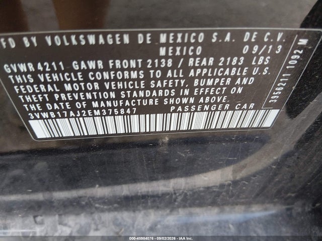 Aukcja sprzedaży 2014 Volkswagen Jetta 1.8t Se, vin: 3VWB17AJ2EM375847, numer aukcji: 45984076