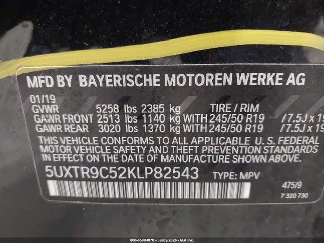 Aukcja sprzedaży 2019 Bmw X3 Xdrive30i, vin: 5UXTR9C52KLP82543, numer aukcji: 45984078