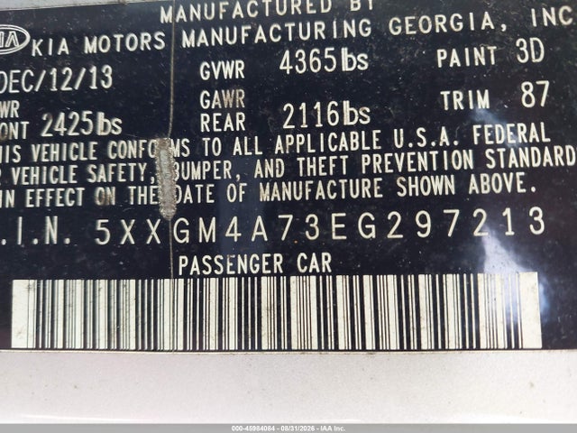 Продаж на аукціоні авто 2014 Kia Optima Lx, vin: 5XXGM4A73EG297213, номер лоту: 45984084