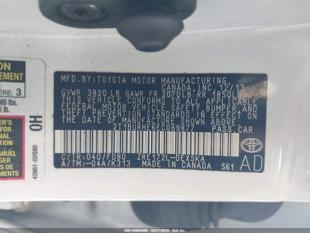 45984099 :رقم المزاد ، 2T1BURHE6EC089877 vin ، 2014 Toyota Corolla S Plus مزاد بيع