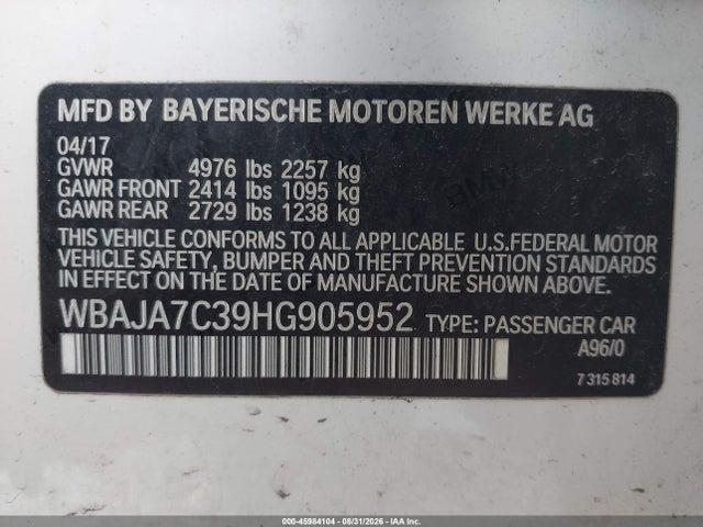 Aukcja sprzedaży 2017 Bmw 530i Xdrive, vin: WBAJA7C39HG905952, numer aukcji: 45984104