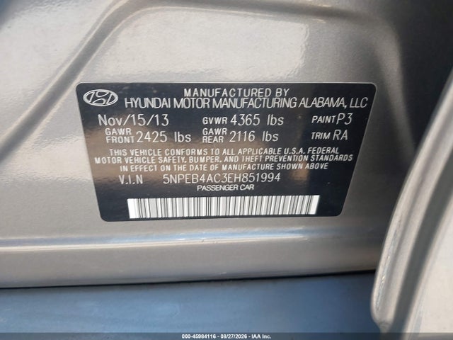 Продажа на аукционе авто 2014 Hyundai Sonata Gls, vin: 5NPEB4AC3EH851994, номер лота: 45984116