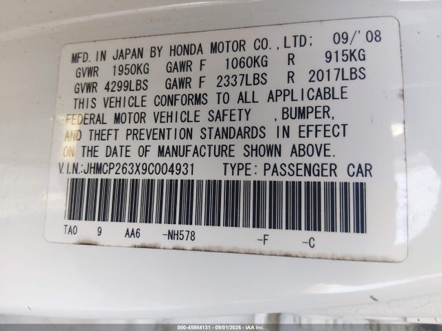 45984131 :رقم المزاد ، JHMCP263X9C004931 vin ، 2009 Honda Accord 2.4 Lx مزاد بيع