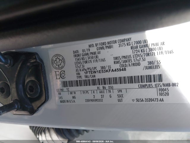 45984143 :رقم المزاد ، 1FTEW1E53KFA45948 vin ، 2019 Ford F-150 Xlt مزاد بيع