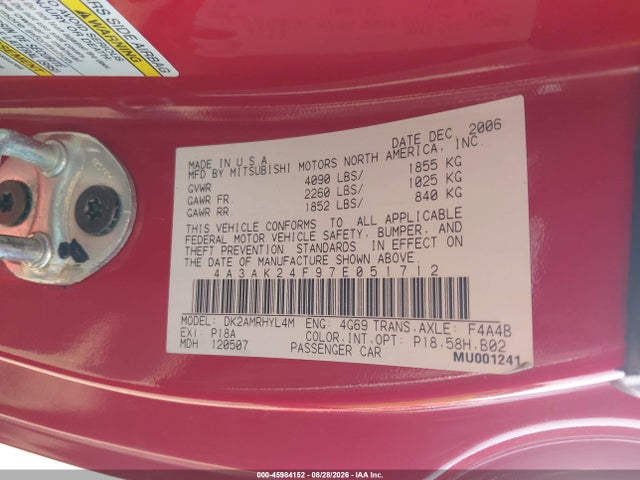 2007 Mitsubishi Eclipse Gs მანქანა იყიდება აუქციონზე, vin: 4A3AK24F97E051712, აუქციონის ნომერი: 45984152
