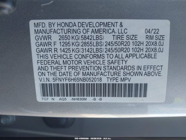 Продажа на аукционе авто 2022 Honda Pilot Awd Touring 7 Passenger, vin: 5FNYF6H65NB052018, номер лота: 45984168