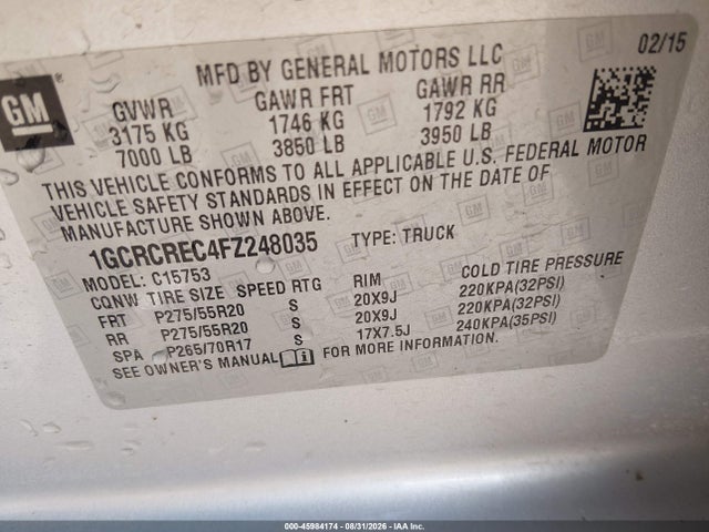 Auction sale of the 2015 Chevrolet Silverado 1500 Lt, vin: 1GCRCREC4FZ248035, lot number: 45984174