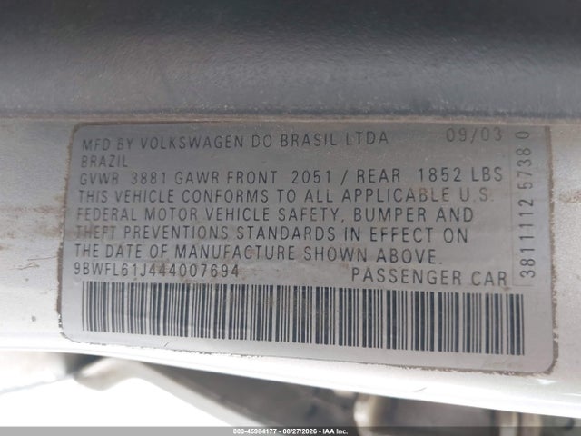 Aukcja sprzedaży 2004 Volkswagen Golf Gl 2.0l, vin: 9BWFL61J444007694, numer aukcji: 45984177
