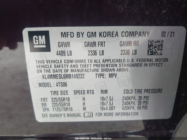45984186 :رقم المزاد ، KL4MMESL6MB149222 vin ، 2021 Buick Encore Gx Awd Select مزاد بيع