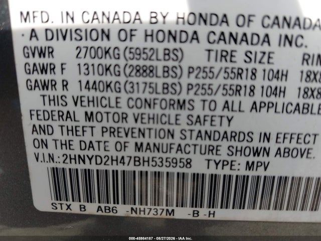 Aukcja sprzedaży 2011 Acura Mdx Technology Package, vin: 2HNYD2H47BH535958, numer aukcji: 45984187