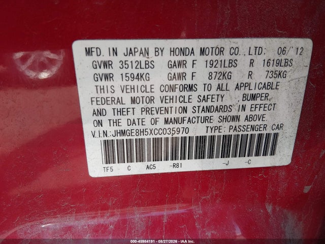 45984191 :رقم المزاد ، JHMGE8H5XCC035970 vin ، 2012 Honda Fit Sport مزاد بيع