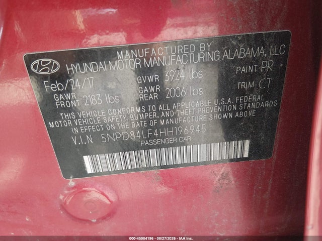 Aukcja sprzedaży 2017 Hyundai Elantra Value Edition, vin: 5NPD84LF4HH196945, numer aukcji: 45984196